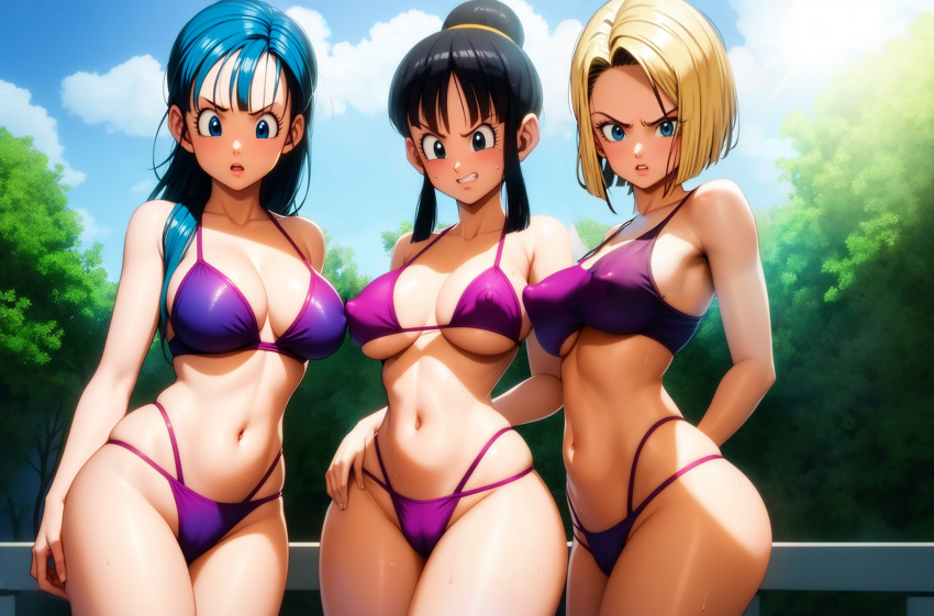 ai_generated android_18 black_hair blonde_hair blue_hair bulma bulma_(dragon_ball) bulma_briefs chichi dark_hair dragon_ball dragon_ball_super dragon_ball_z light_blue_hair ninart_ai