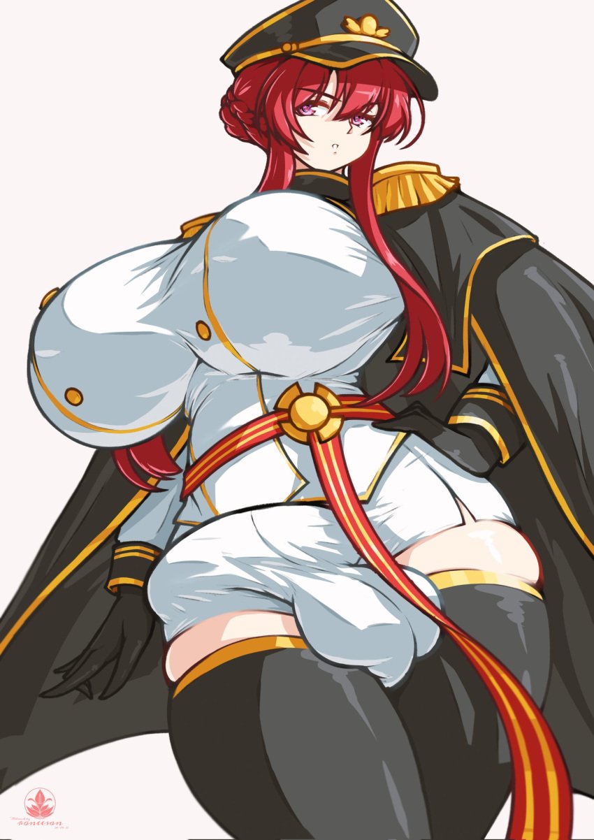 1futa absolute_territory azur_lane balls big_balls big_breasts big_penis breasts bulge clothed clothing erection fully_clothed futa_only futanari huge_breasts light-skinned_futanari light_skin monarch_(azur_lane) penis red_hair roneesan sailor_cap short_hair skindentation solo standing thick_thighs thighhighs wide_hips