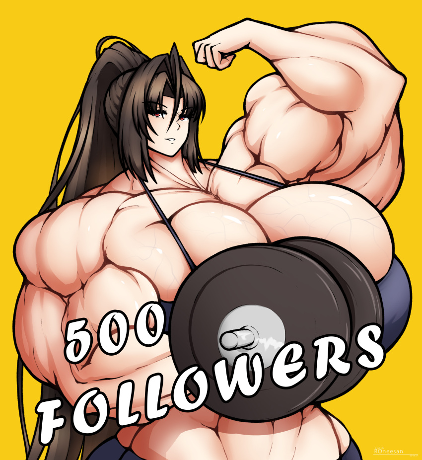 black_hair cleavage extreme_muscles flexing_bicep gigantic_breasts hyper_muscles muscular_female red_eyes rere_(roneesan) roneesan weightlifting