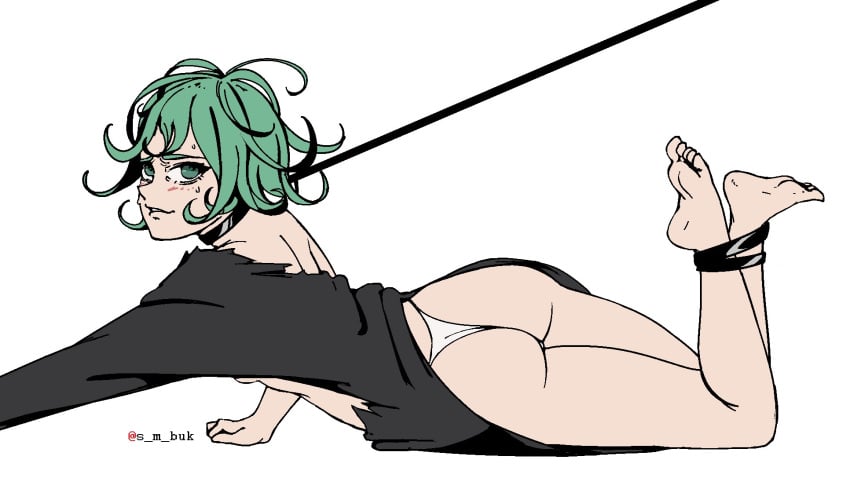 1girls ass defeated feet feet_up female_only green_eyes green_hair horny horny_female one-punch_man rope_around_neck smbuk tatsumaki tearing_clothes tied_down tied_legs