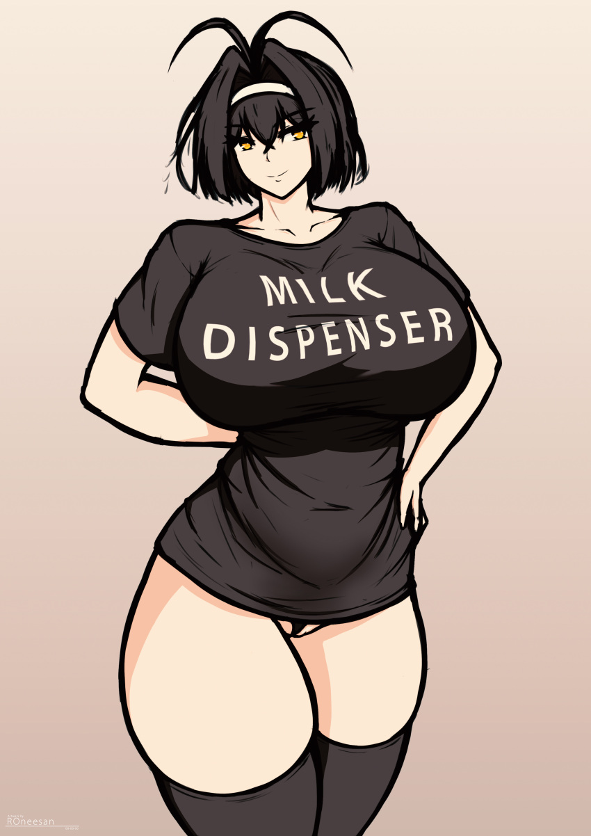 black_hair black_shirt hands_behind_back huge_breasts putri_aruna roneesan thick_thighs thighhighs yellow_eyes