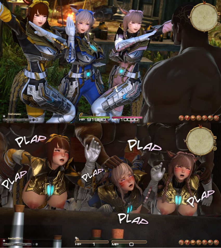 2koma 3d 3girls against_table armor arms_behind_back bandit before_and_after blush bound breasts breasts_out broken_armor captured cat_ears cat_tail catgirl dark-skinned_male dark_skin defeat defeat_sex defeated defeated_heroine doggy_style domination final_fantasy final_fantasy_xiv forced from_behind from_behind_position fucked_into_submission game_ui gpose(ffxiv) grabbing grabbing_from_behind group group_rape health_bar helpless hud instant_loss instant_loss_2koma interracial kawaii_awww miqo'te muscular_male nude_male pinned posing rape slave slaver smug suit tagme thug