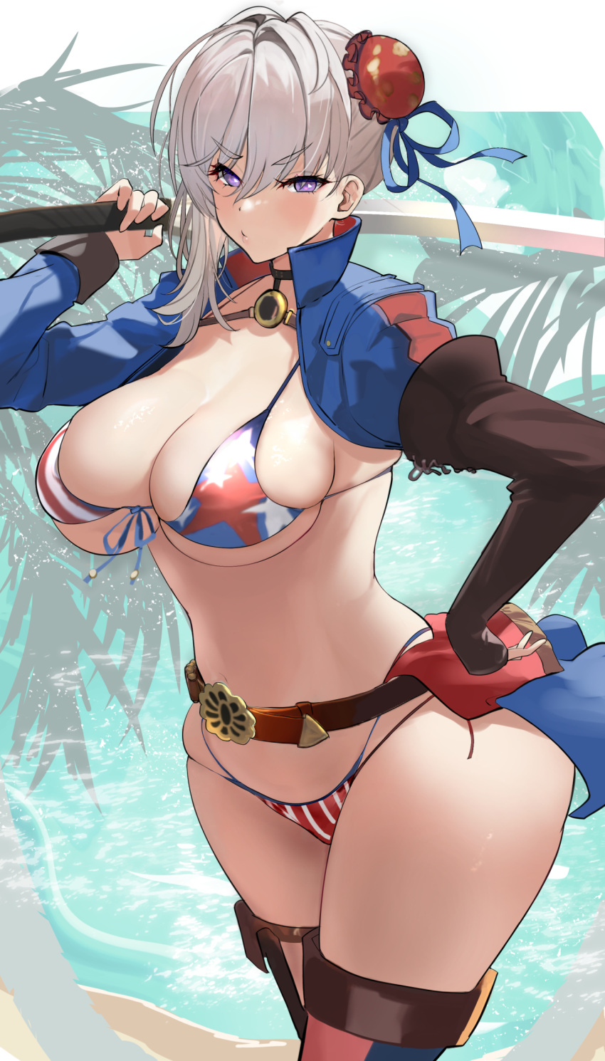 1girls american_flag_bikini asymmetrical_hair bikini breasts cleavage fate/grand_order fate_(series) female hareno_chiame hips huge_breasts light-skinned_female light_skin looking_at_viewer medium_hair miyamoto_musashi_(fate) miyamoto_musashi_(swimsuit_berserker) naughty_face sword thick_thighs thighs wide_hips