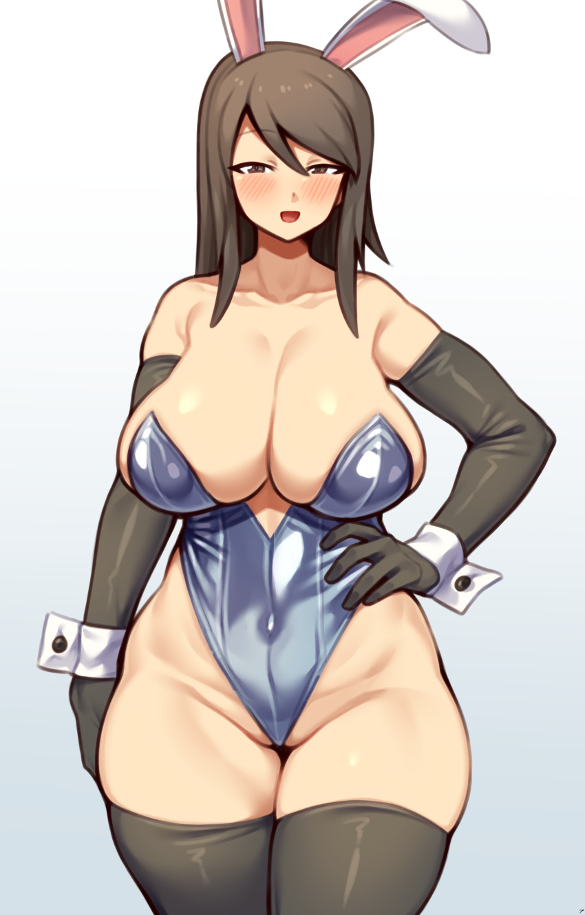 1girls 2023 armwear big_breasts black_armwear black_latex_armwear black_latex_legwear black_legwear blush breasts brown_eyes brown_hair bunny_ears bunnysuit cleavage coffeelove68 female girls_und_panzer hand_on_own_waist hand_on_waist highleg_leotard latex legwear leotard looking_at_viewer mika_(girls_und_panzer) open_mouth playboy_bunny simple_background solo standing strapless_leotard thick_thighs thighhighs thighs white_background white_wrist_cuffs wide_hips wrist_cuffs