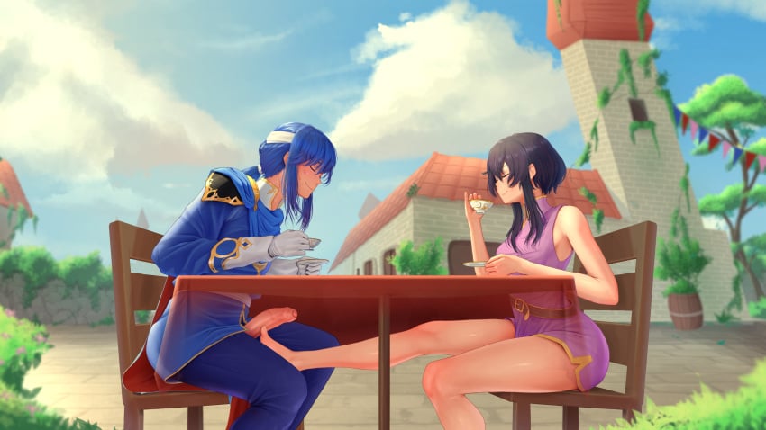 1boy 1girls absurdres assertive_female bad_source bare_legs barefoot black_hair blue_hair cape closed_eyes commission commissioner_upload cup dagudr daguyadraws drinking feet female fire_emblem fire_emblem:_genealogy_of_the_holy_war footjob footjob_under_table gloves highres holding holding_cup holding_saucer larcei_(fire_emblem) legs male nervous nervous_smile nervous_sweating nintendo outdoors penis plate ponytail public_indecency saucer seliph_(fire_emblem) sex smile stealth_footjob stealth_sex straight sweat tea teacup x-ray