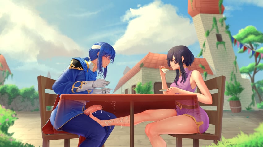 1boy 1girls absurdres assertive_female bad_source bare_legs barefoot black_hair blue_hair cape closed_eyes commission commissioner_upload cum cum_on_legs cum_string cumdrip cup dagudr daguyadraws drinking ejaculation feet female fire_emblem fire_emblem:_genealogy_of_the_holy_war footjob footjob_under_table gloves highres holding holding_cup holding_saucer larcei_(fire_emblem) legs male nervous nervous_smile nervous_sweating nintendo outdoors penis plate ponytail public_indecency saucer seliph_(fire_emblem) sex smile stealth_footjob stealth_sex straight sweat tea teacup x-ray