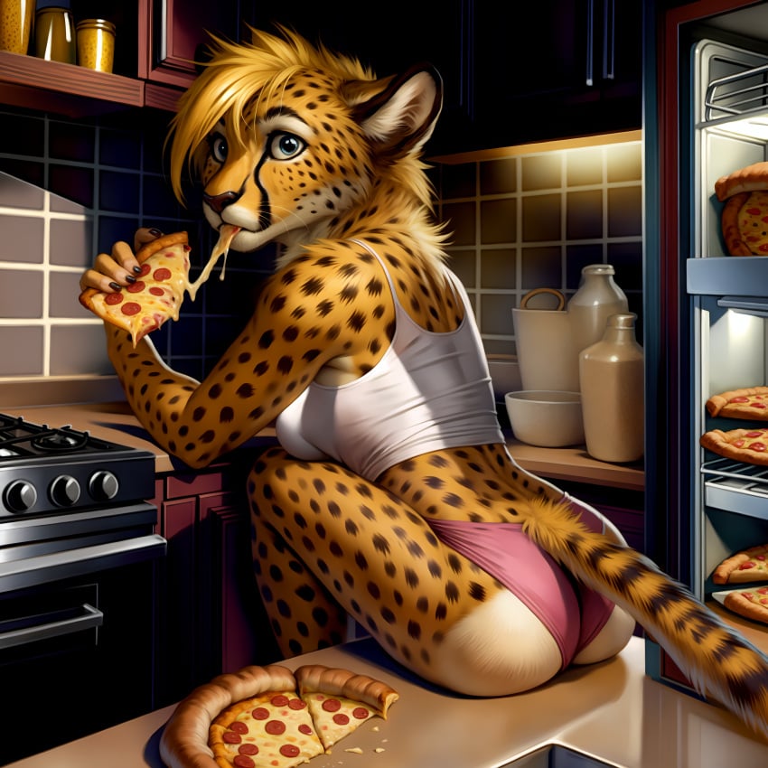 1girls 2023 absurd_res ai_generated alma_(capaoculta) anthro appliance ass back blonde_hair blue_eyes breasts butt_crack_outline canineluvr19 cheese_string cheetah clothing cute felid feline female female_only food fur furry hair hi_res holding_object kitchen kitchen_appliance mammal oven panties pepperoni_pizza pizza shirt side_boob sitting solo solo_female solo_focus spots spotted_body spotted_fur surprise tagme tank_top topwear underwear