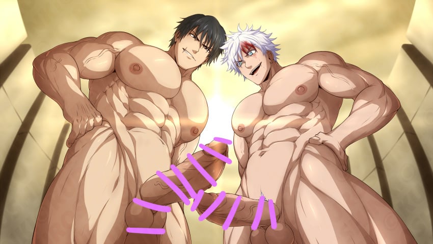 2boys abs bar_censor bara black_hair blood blood_in_hair blue_eyes censored completely_nude erection frottage gay highres injury jujutsu_kaisen kuroshinki large_pectorals male_focus multiple_boys muscular muscular_male navel nipples nude open_mouth paid_reward_available pectorals penis satoru_gojo scar scar_on_face scar_on_mouth short_hair smile testicles toji_fushiguro white_hair yaoi