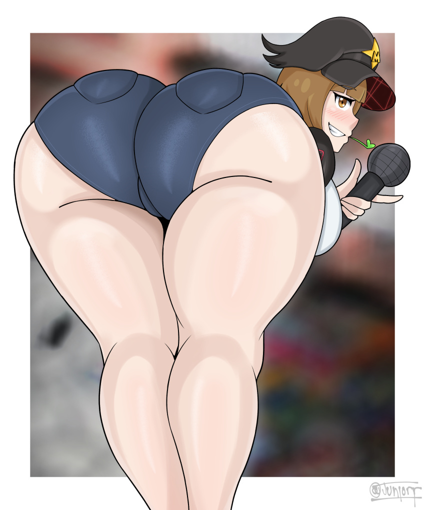 ass big_ass big_breasts booty_shorts breasts brown_eyes brown_hair denim hat huge_ass jacket junior_art_ kill_la_kill large_ass large_breasts mankanshoku_mako microphone short_hair streetwear thick_thighs thighs