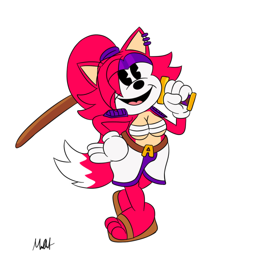 anthro armor asami_the_cat belly belt big_breasts breasts cartoony clothed clothing digital_media_(artwork) eye_piercing fan_character female footwear fur gloves hair handwear hi_res humanoid long_hair looking_at_viewer melee_weapon open_mouth pac-man_eyes piercing red_body red_fur red_hair rubberhose sandals sega simple_background smile solo sonic_(series) sonic_the_hedgehog_(series) standing sword toony unknown_artist weapon