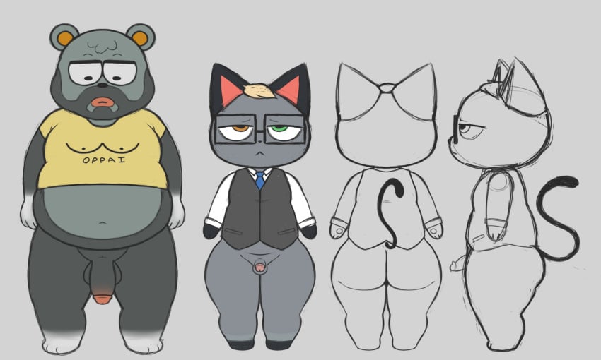 5:3 animal_crossing anthro ass balls barold_(animal_crossing) bear big_butt blonde_hair bottomless bottomless_male clothed clothing domestic_cat dress_shirt duo eyewear facial_hair felid feline felis flaccid genitals glasses grey_body grey_skin hair heterochromia hi_res male male/male mammal necktie nintendo oppai_shirt overweight overweight_male partially_clothed penis penis_size_difference raymond_(animal_crossing) shirt thick_thighs topwear vest wide_hips zlut385