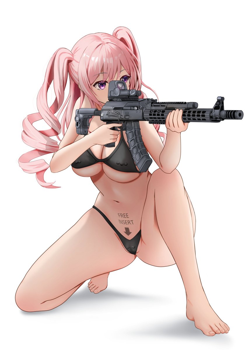 absurdres aiming ak-12 arrow_(symbol) assault_rifle barbell_piercing bare_arms bare_legs barefoot body_writing cameltoe commentary covered_nipples english_text eotech feet female finger_on_trigger full_body gibun_(sozoshu) goes_hard gun highres holding holding_gun holding_weapon jsc_kalashnikov_concern kalashnikov_rifle knee_up legs long_hair looking_ahead navel nipple_piercing on_one_knee optical_sight original piercing pink_hair purple_eyes pussy_piercing reflex_sight rifle shadow simple_background solo stomach thighs toenails toes twintails weapon white_background