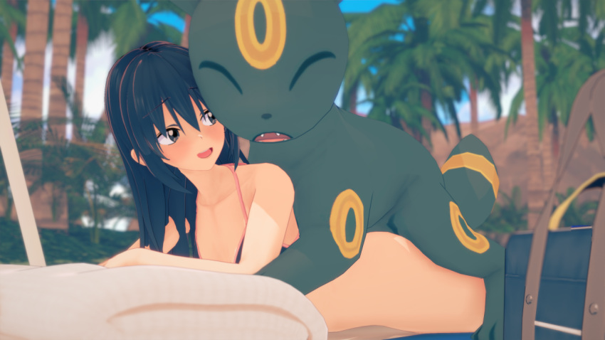 1boy 1girls 3d 3d_(artwork) ambiguous_penetration beach bikini_top black_hair blacky_(pokemon) blush breasts brown_eyes creatures_(company) detailed_background eeveelution female feral feral_on_human feral_penetrating feral_penetrating_human from_behind game_freak happy_sex human human_on_pokemon interspecies koikatsu larger_feral larger_male long_hair looking_at_partner male male/female male_penetrating_female male_pokemon/female_human nintendo outdoor_sex outdoors paws pokémon_(species) poképhilia pokemon pokemon_trainer pokephilia sex sexual_intercourse size_difference smaller_female smaller_human straight swimsuit tail umbreon video_game