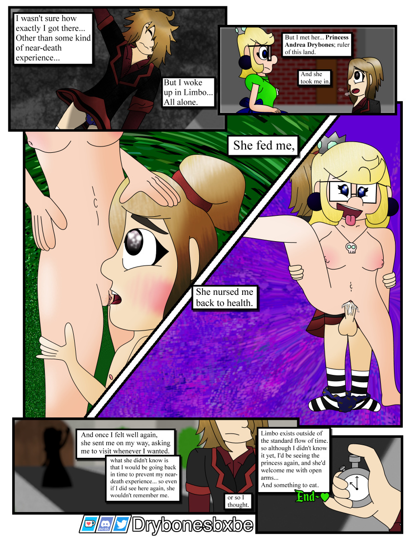 1boy 1girls andi_the_lewdist andrea_(drybonesbxbe) blake_chrono comic cunnilingus darksalem female femboy femboy_on_female leg_grab leg_up limbo male princess_drybones time_travel