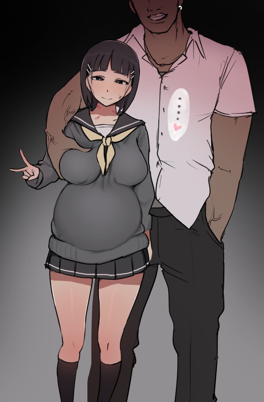 1boy age_difference arm_around_shoulder arm_at_side bare_arms black_eyes black_hair black_pants black_sailor_collar black_shirt black_skirt black_socks blunt_bangs blunt_ends blush breasts cheating cheating_(relationship) cheating_female closed_mouth collared_shirt dark-skinned_male dark_background dark_skin dress_shirt feet_out_of_frame female giga grabbing grabbing_another's_breast grabbing_from_behind gradient_background hair_ornament hairclip hand_in_pocket head_out_of_frame hickey kirigaya_suguha kneehighs large_breasts long_sleeves looking_at_viewer miniskirt neckerchief netorare ntr older_male older_man_and_teenage_girl pants pleated_skirt pregnant sailor_collar school_uniform shirt short_hair short_sleeves skirt smile socks standing straight sweatdrop sword_art_online teenage_girl untucked_shirt v veins veiny_arms white_shirt yellow_neckerchief