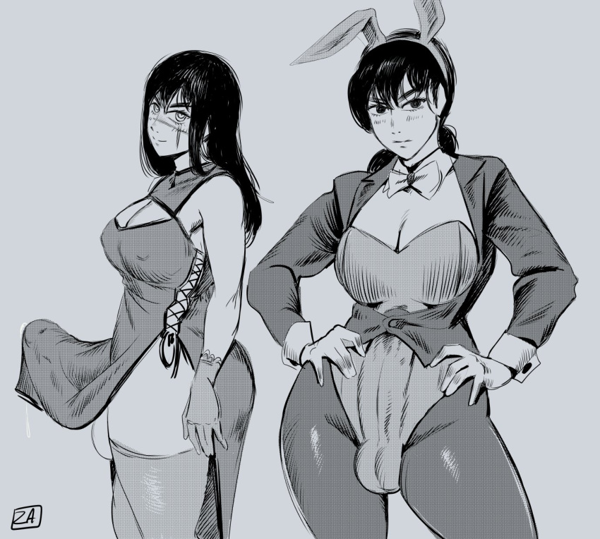 2futas animal_ears ass balls big_ass big_balls big_breasts big_penis black_hair bottomless bow bowtie breasts bunnysuit chainsaw_man china_dress chinese_clothes cleavage_cutout clothed clothing covered_navel cross_scar duo erect_penis erection erection_under_clothes fake_animal_ears futa_only futanari gloves halftone highleg_leotard human large_breasts leotard long_hair mitaka_asa monochrome mostly_clothed penis playboy_bunny rabbit_ears scar scar_on_cheek scar_on_face sleeveless sleeveless_dress smile standing strapless strapless_leotard tenting thick_thighs thighhighs wide_hips wrist_cuffs yoru_(chainsaw_man) zestysauce