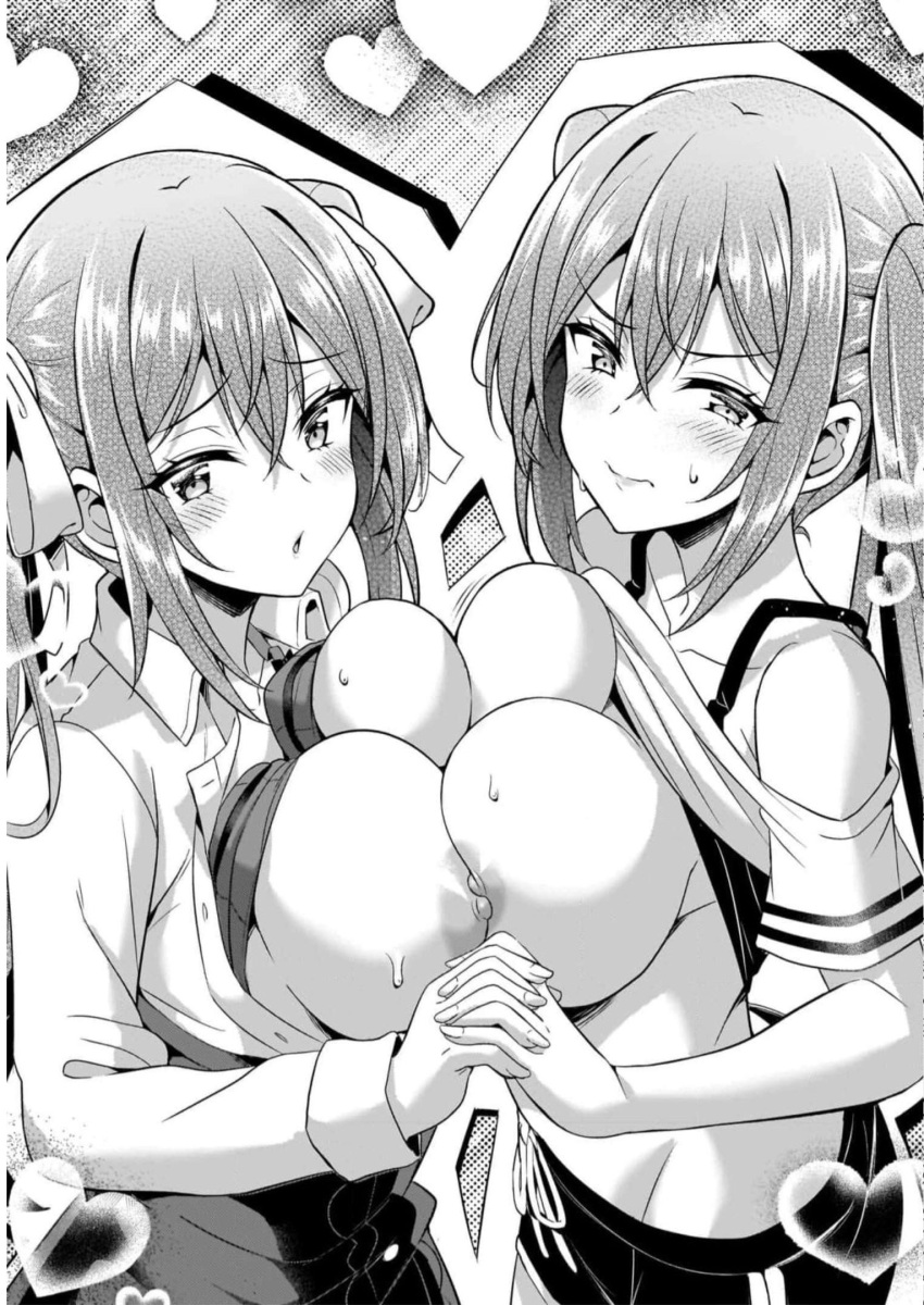 2girls blush boku_no_kanojo_sensei bra bra_lift breast_press breasts breasts_out embarrassed female female_focus female_only fujiki_maka hair_between_eyes holding_hands large_breasts long_hair looking_at_viewer monochrome multiple_girls nipples official_art open_clothes open_shirt oryou parted_lips sdwing short_shorts shorts simple_background standing symmetrical_docking twintails unbuttoned unbuttoned_shirt underwear