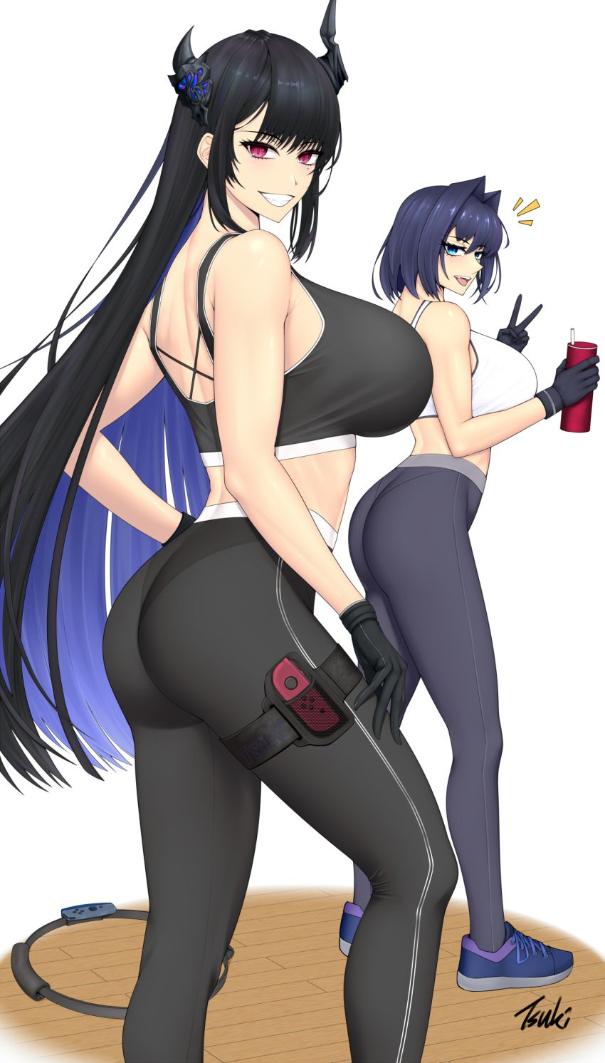 2girls ass black_gloves black_hair black_horns black_pants black_sports_bra blue_eyes blue_hair bottle breasts electronics female from_side game_controller gloves grey_pants grin hair_intakes handwear highres holding holding_bottle hololive hololive_english hololive_english_-advent- hololive_english_-council- hololive_english_-promise- holster horns huge_breasts human joy-con joycon_controller joycon_strap legwear light-skinned_female light_skin long_hair looking_at_viewer mole mole_under_eye multiple_girls nerissa_ravencroft nintendo nintendo_switch notice_lines ouro_kronii pale_skin pants pilates_ring red_eyes ring_fit_adventure ringcon_controller ryu_seung shoes short_hair smile sneakers sports_bra sportswear thigh_holster v very_long_hair virtual_youtuber white_sports_bra yoga_pants