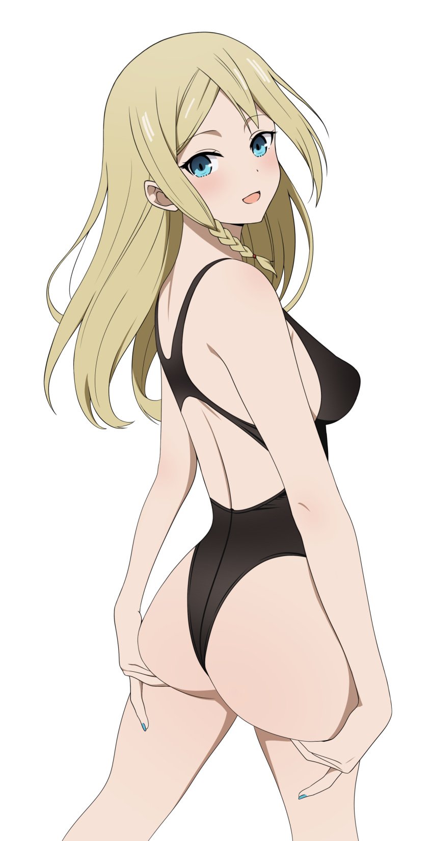 1girls :d accurate_art_style aqua_eyes ass bare_shoulders big_ass black_one-piece_swimsuit black_swimsuit blonde_hair blush coro_fae excited female female_only hands_on_own_ass happy hayasaka_ai highres kaguya-sama_wa_kokurasetai_~tensai-tachi_no_renai_zunousen~ lifting_ass light-skinned_female long_hair looking_at_viewer looking_back looking_back_at_viewer nail_polish nipple_bulge official_style one-piece_swimsuit open_mouth open_smile sideboob smile solo standing swimsuit white_background