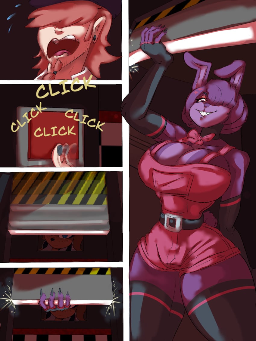 ardour_(cryptia) big_breasts bonfie bonfie_(cryptia) bonnie_(cally3d) bonnie_(fnaf) cally3d cartoony clazzey clothing cryptiacurves fazclaire's fazclaire's_nightclub five_nights_at_freddy's fnaf fredina's_nightclub hat headwear legwear licking nightclub nightguard nonchalant pressed_on_glass scottgames trem.hunt.er_(artist) video_games