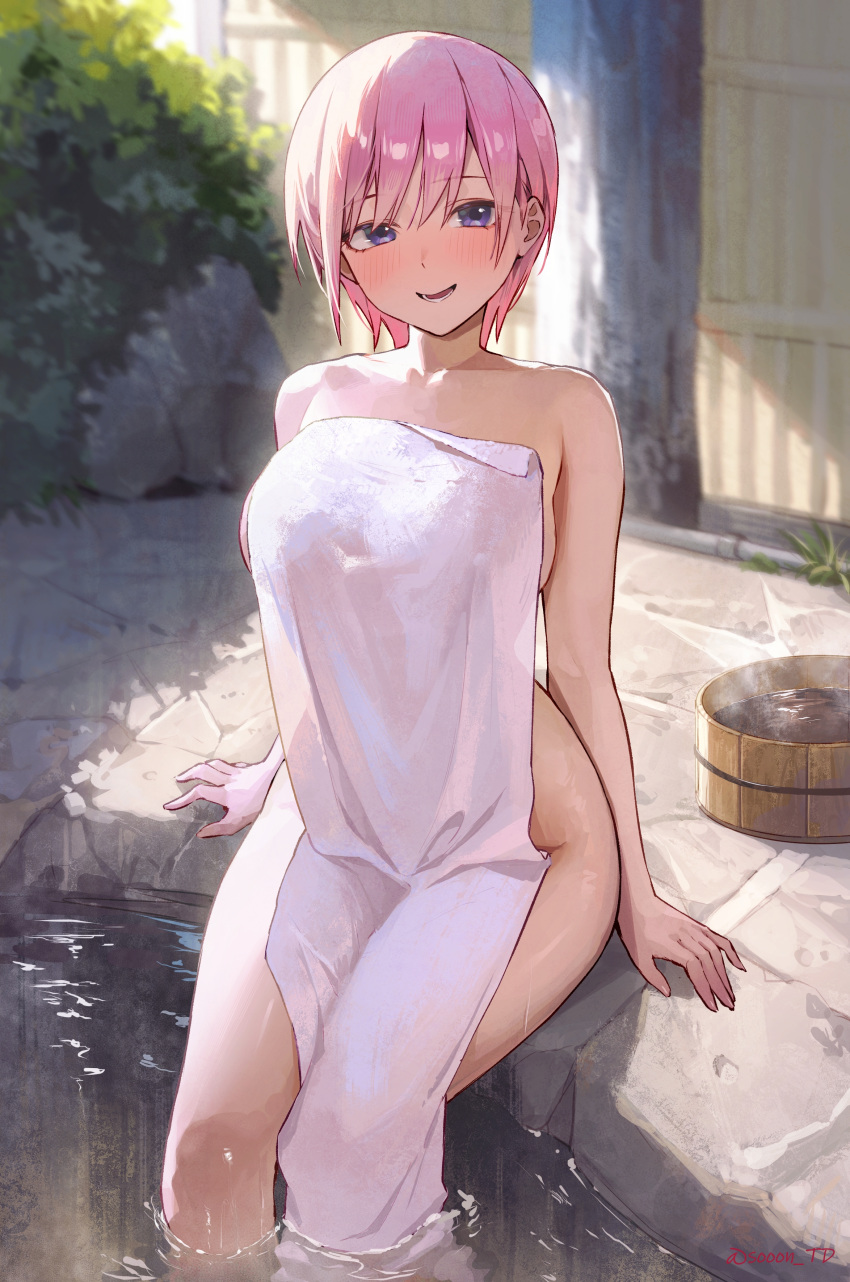 1girls bare_shoulders bathing big_breasts blue_eyes blush female female_only go-toubun_no_hanayome highres knees_together legs legs_in_water light-skinned_female looking_at_viewer nakano_ichika open_mouth open_smile outdoors outside pink_hair short_hair sitting sitting_on_poolside smile solo sooon towel towel_only waist wide_hips