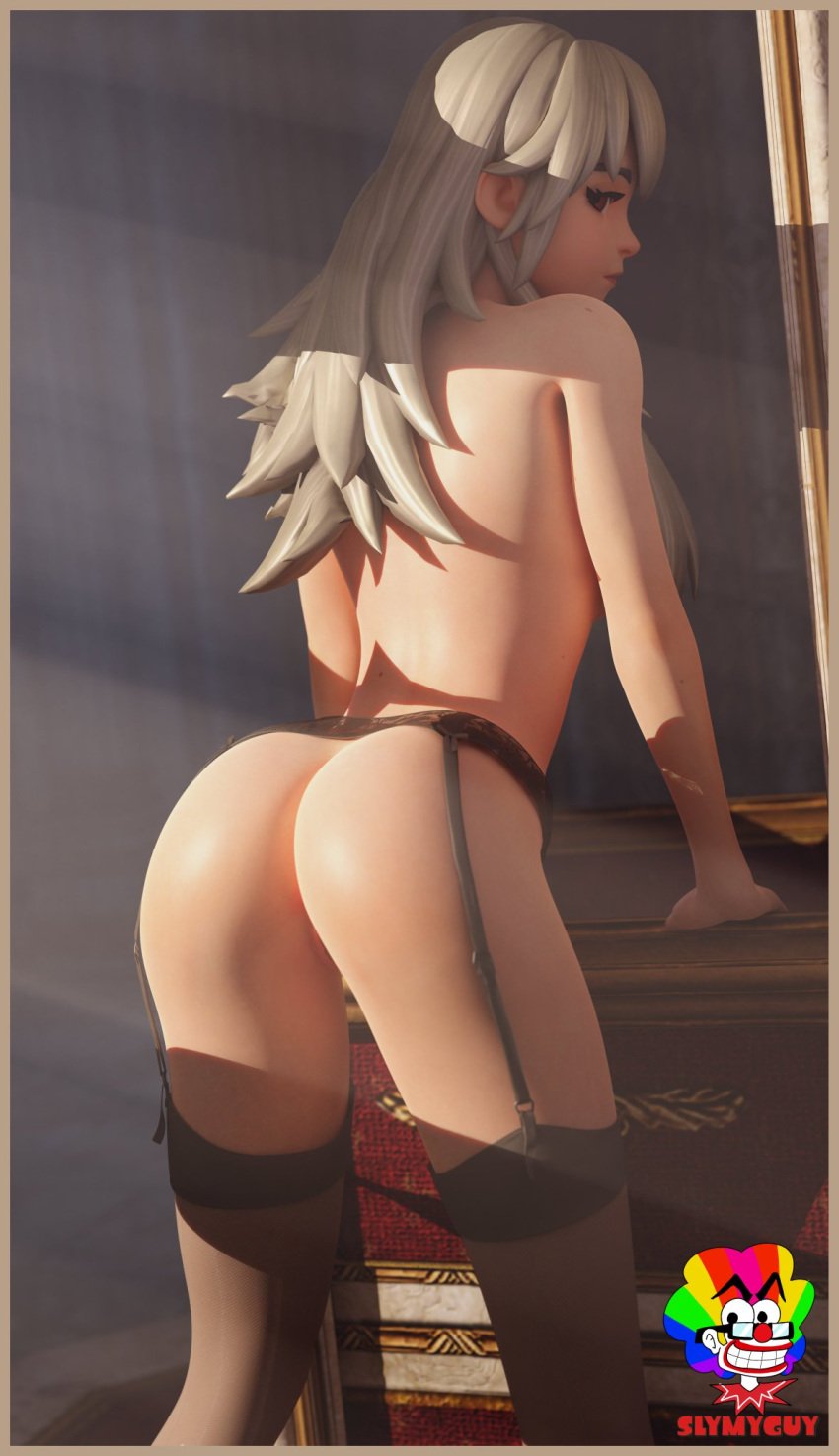 1girls 3d 3d_(artwork) arms artist_name ass ass back back_view bare_shoulders bottomless bra closed_mouth clothed clothing covered_breasts digital_media_(artwork) female female_focus female_only fortnite hair hands hips image indoors legs legs_apart legwear lexa_(fortnite) light_skin lingerie looking_at_viewer looking_back naked naked_female no_bra no_panties nude nude_female open_eyes panties partially_clothed princess_lexa_(fortnite) pussy red_eyes shoulders slymyguy sole_female standing stockings sunrays thighs topless vagina waist white_hair