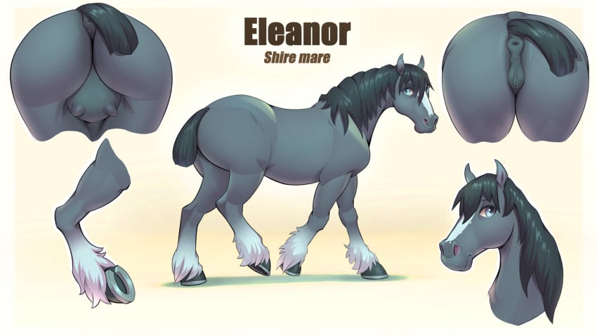 anus blue_eyes crotchboobs eleanor english_text equid equine equine_pussy female female_only feral feral_only funnel-shaped_teats grey_body hooves horseshoe jotun22 model_sheet nipples pussy simple_background white_fur