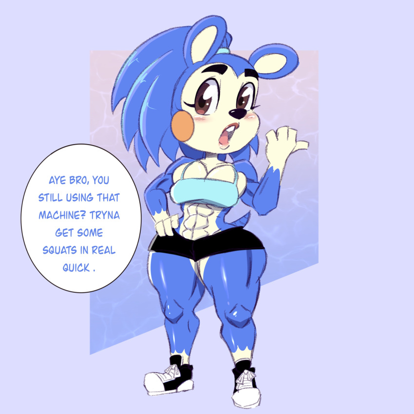 abs animal_crossing animal_crossing_new_horizons animal_ears animal_humanoid anthro anthrofied athletic athletic_female big_breasts big_butt big_ears big_eyes big_thighs blue_fur blush breasts brown_eyes cleavage female female_focus female_only hair_tie hair_tied hand_on_hip hedgehog long_hair mabel_able muscular muscular_anthro muscular_arms muscular_female muscular_thighs nintendo pink_lips raccoon_sama short_shorts shorts simple_background simple_shading six_pack sneakers strong strong_woman tank_top thick_thighs thighs tight_clothing tomboy video_game_character wide_hips workout_clothes