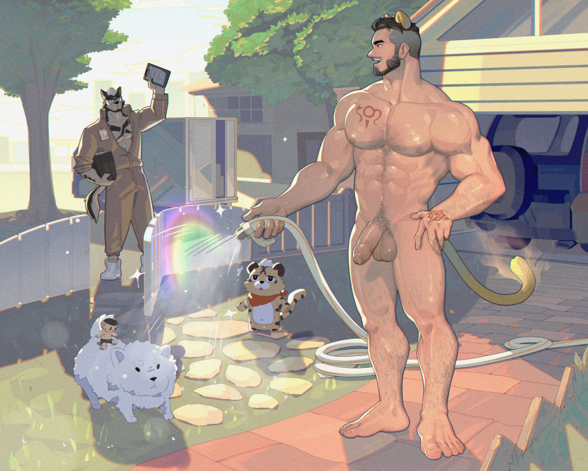 2boys abs alca_(wakatanka4) animal animal_ears bara beard beenic black_hair canine chest_hair chest_tattoo completely_nude erection facial_hair furry furry_male gyee hand_tattoo highres holding holding_hose hose large_pectorals lion lion_boy lion_ears lion_tail male_focus male_only multiple_boys muscular muscular_male navel nipples nude open_mouth pectorals penis peterhl short_hair smile tail tattoo