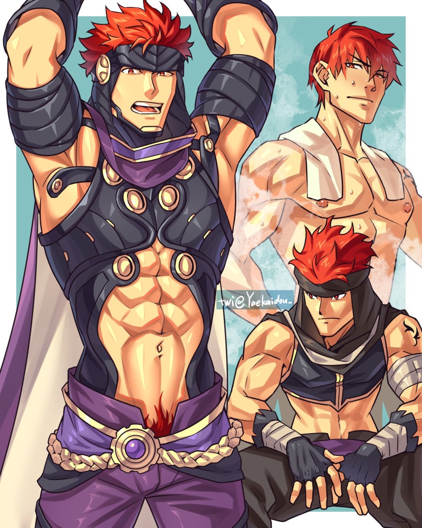 1boy abs armpits bara blue_background cape fingerless_gloves fire_emblem fire_emblem:_the_blazing_blade gloves hairband highres invisible_chair jaffar_(fire_emblem) male male_only male_pubic_hair muscular muscular_male nintendo nipples open_mouth pubic_hair pubic_hair_peek red_eyes red_hair short_hair sitting solo steaming_body tattoo towel towel_around_neck twitter_username wet yaekaidou