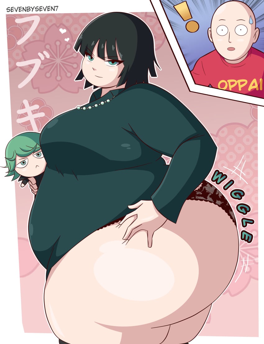 1boy 1girls 2023 ass bbw big_breasts breasts chubby chubby_female female female_focus fubuki_(one-punch_man) green_eyes hand_on_hip hi_res high_resolution highres huge_ass jiggle male obese obese_female one-punch_man overweight overweight_female panties plump saitama sevenbyseven7 short_hair solo_focus sweatdrop tatsumaki thick_thighs thighs underwear voluptuous