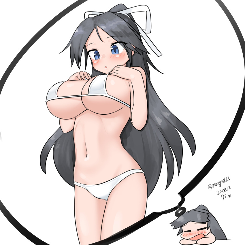 absurdres alternate_breast_size bikini black_hair blue_eyes breasts cowboy_shot dated dreaming female hair_ribbon highres kantai_collection katsuragi_(kantai_collection) large_breasts long_hair maru_(marg0613) ponytail ribbon simple_background solo standing swimsuit twitter_username white_background white_bikini