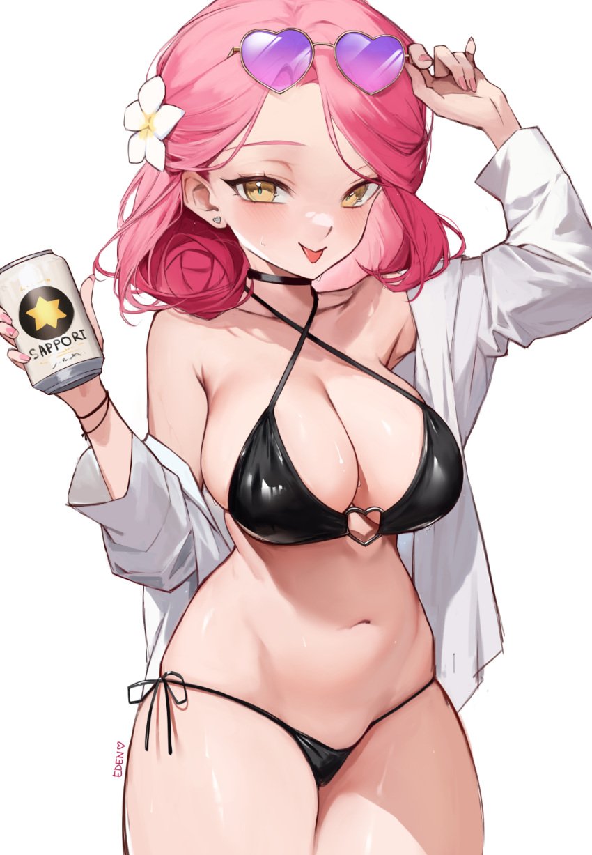 :p bikini canned_coffee collar cowboy_shot eden_(shiroki_yuutsu) flower_in_hair goggles goggles_on_forhead heart-shaped_eyewear huge_breasts offering_to_viewer signature sweatdrop thick_thighs vanilla_(eden_(shiroki_yuutsu)) white_shirt