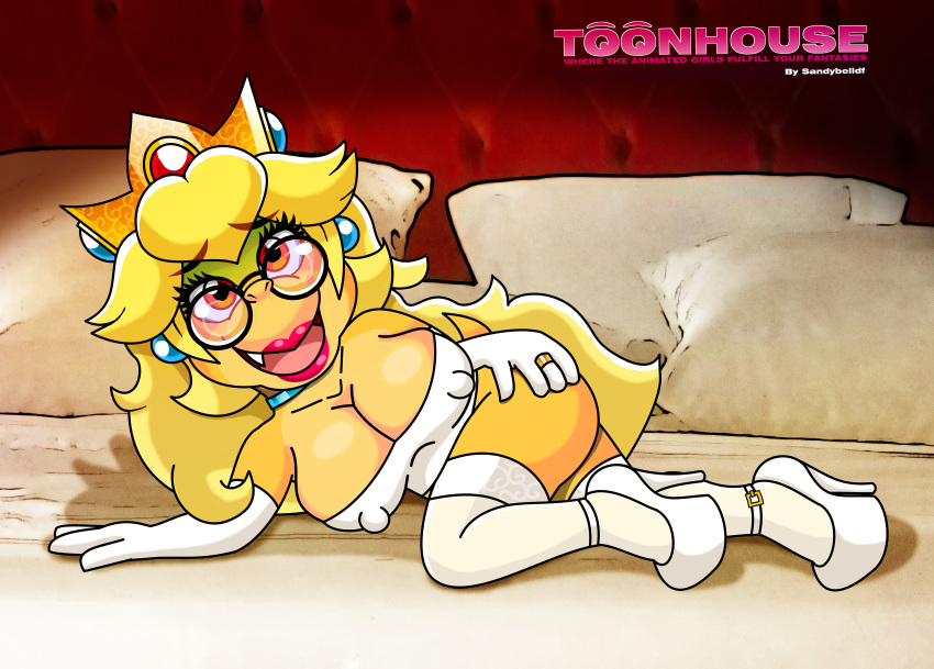 1girls anthro bed breasts crown erect_nipples female female_only glasses high_heels indoors koopa lingerie long_hair mario_(series) nipple_bulge on_bed pillow princess_peach_(cosplay) rule_63 scalie solo toonhouse