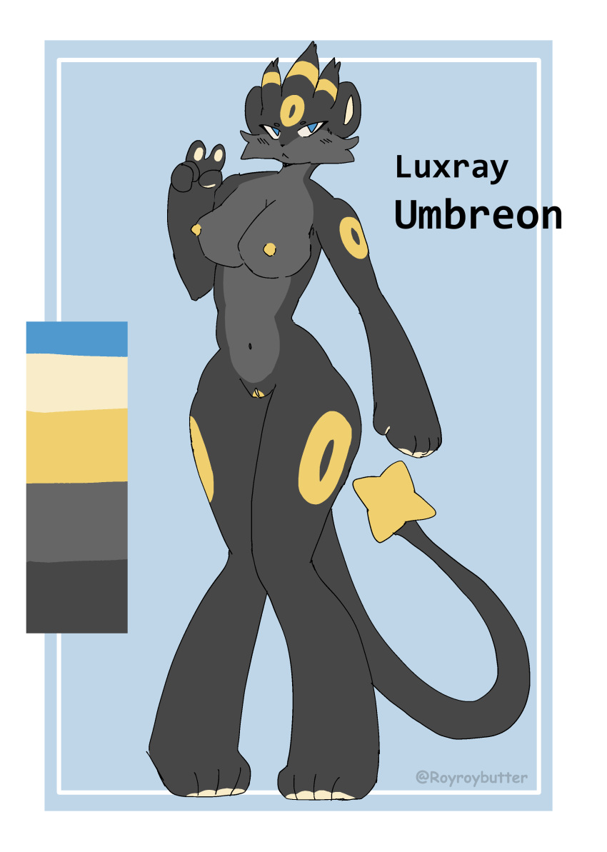 absurd_res anthro big_breasts blacky_(pokemon) blue_eyes breasts eeveelution female fur fusion generation_2_pokemon generation_4_pokemon gesture grey_body grey_fur hi_res long_tail luxray nintendo pawpads pokémon_(species) pokemon pokemon_(species) pokemon_fusion pose rentorar royroybutter solo tail thick_thighs umbreon v_sign yellow_pawpads