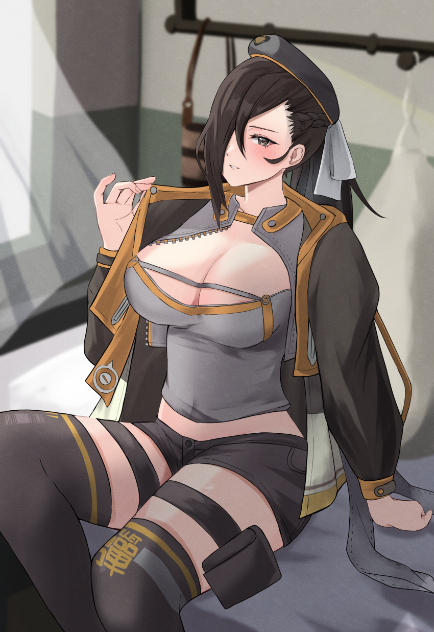 1girls absurdres alternate_costume anis_(nikke) anis_(nikke)_(cosplay) bag bare_midriff bare_thighs bed beret black_hair black_shorts blush braid breasts brown_eyes brown_hair cleavage coat commentary_request commission cosplay crossover female female_only fire_emblem fire_emblem_fates goddess_of_victory:_nikke grey_shirt grin hair_over_one_eye hat highres indoors jacket kagero_(fire_emblem) large_breasts light long_hair long_sleeves looking_at_viewer midriff navel nintendo on_bed open_clothes open_jacket partial_commentary peli_cantaro ponytail shirt short_shorts shorts sitting skeb_commission smile solo thigh_pouch thigh_strap thighhighs thighs