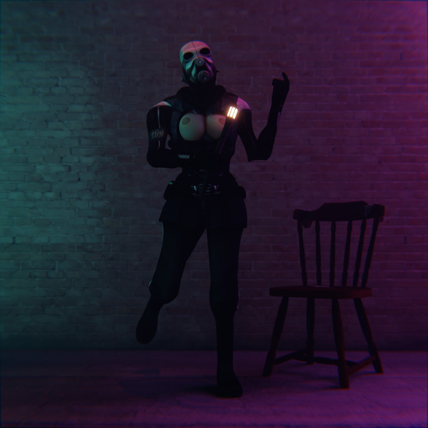 3d_(artwork) 3d_model atmospheric blender_(software) blender_cycles breasts chair clothed combine female_focus female_human female_only half-life half-life_2 light-skinned_female masked masked_female medium_breasts metrocop pose showing_breasts stun_baton used_condom wicked_guy_