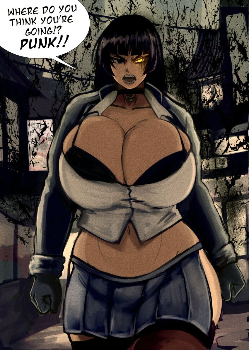 angry big_breasts black_bra black_hair breasts_bigger_than_head choker gloves glowing_eye heterochromia hime_cut huge_breasts jacket large_breasts long_hair shion_(tinboryte_oc) short_skirt stockings thigh_highs tinboryte