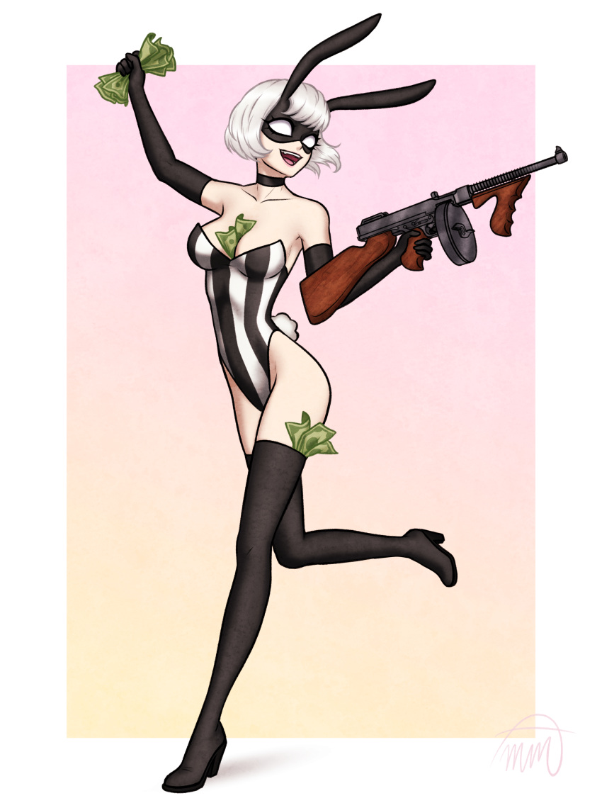 armwear bangs bob_cut bunny_ears bunny_girl bunny_tail bunnysuit dollar_bills eye_mask firearm gloves gun legwear machine_gun money money_in_cleavage money_in_thighhigh rifle stockings stripes submachine_gun thigh_boots thigh_high_boots thigh_highs thighhighs thompson_submachine_gun weapon white_hair