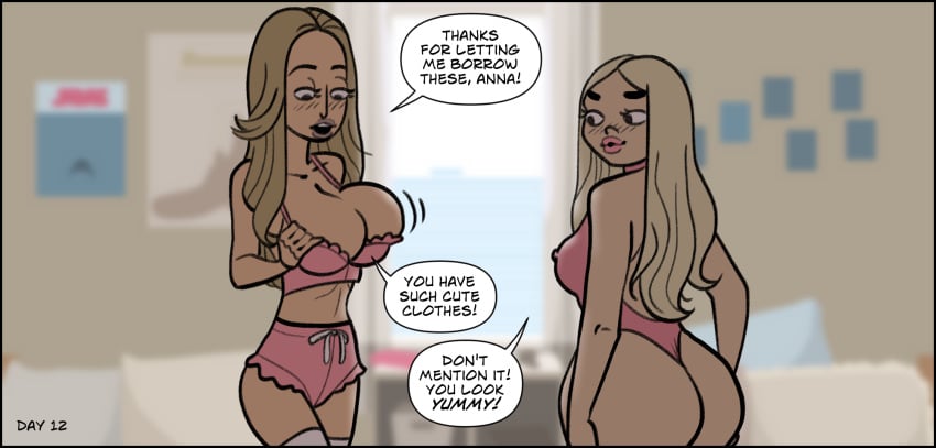 2girls bimbo bimbofication blonde_hair breast_expansion comic english_text female_only large_breasts lipstick multiple_girls roommates sortimid text transformation virus