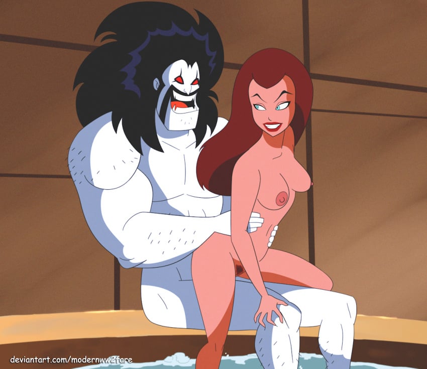 1boy 1girls accurate_art_style big_breasts blue_eyes breasts dc dc_comics dcau hairy_arms hairy_legs hand_on_thigh large_breasts lobo_(dc) maxima_queen_of_almerac modernww2fare muscular_male obscured_penetration pubic_hair pussy red_eyes red_hair red_lipstick redhead reverse_cowgirl_position riding rough_sex smile superman:_the_animated_series superman_(series) white_body white_skin