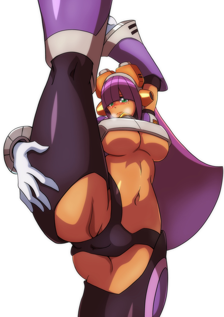 1girls armpits bangs big_breasts blush kotatuman_dash large_breasts layer leggings mega_man mega_man_x mega_man_x_dive navel one_leg_up panties purple_hair splits tagme thick_thighs underboob vertical_splits