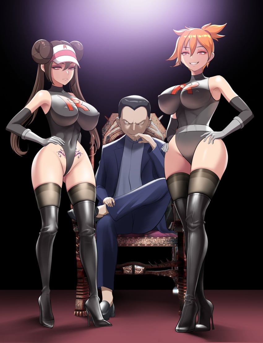 1boy 2girls alternate_breast_size bad_tag black_leotard boots breasts brown_hair corruption covered_erect_nipples creatures_(company) dr._stein enemy_conversion female game_freak gen_1_pokemon giovanni_(pokemon) gloves grabbing grabbing_another&#039;s_breast gym_leader hair_tie highleg highleg_leotard highres huge_breasts hypnosis kasumi_(pokemon) large_breasts latex leather legs leotard male mind_control multiple_girls nintendo nipples orange_hair pale_skin pokemon pokemon_(anime) pokemon_(game) pokemon_bw2 pokemon_rgby protagonist_(pokemon) pubic_tattoo red_eyes rosa_(pokemon) team_rocket thick_thighs thigh_boots thighhighs thighs twintails wide_hips