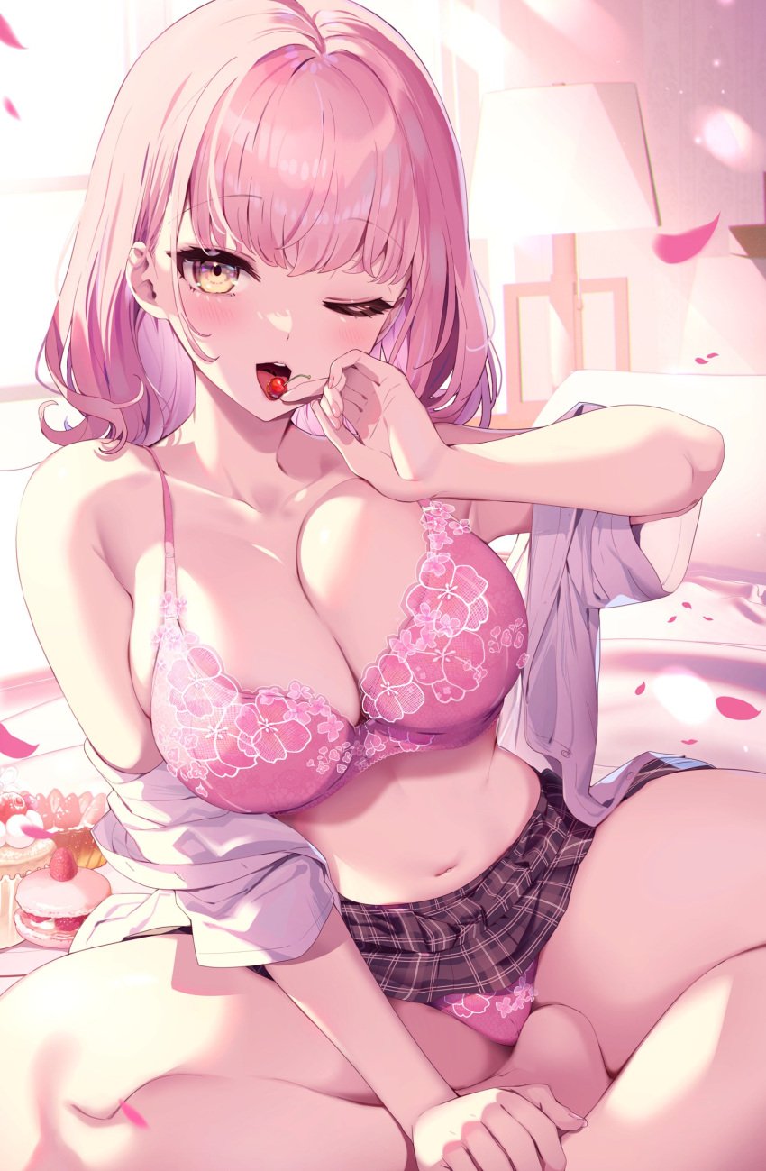 bra cake cameltoe cherry confectionery eating flower_petals gradient_eyes hand_on_leg huge_breasts kat_(bu-kunn) legs_crossed lingerie looking_at_viewer macaron one_eye_closed panties pink_bra pink_hair pink_panties plaid_skirt seductive seductive_look strawberry