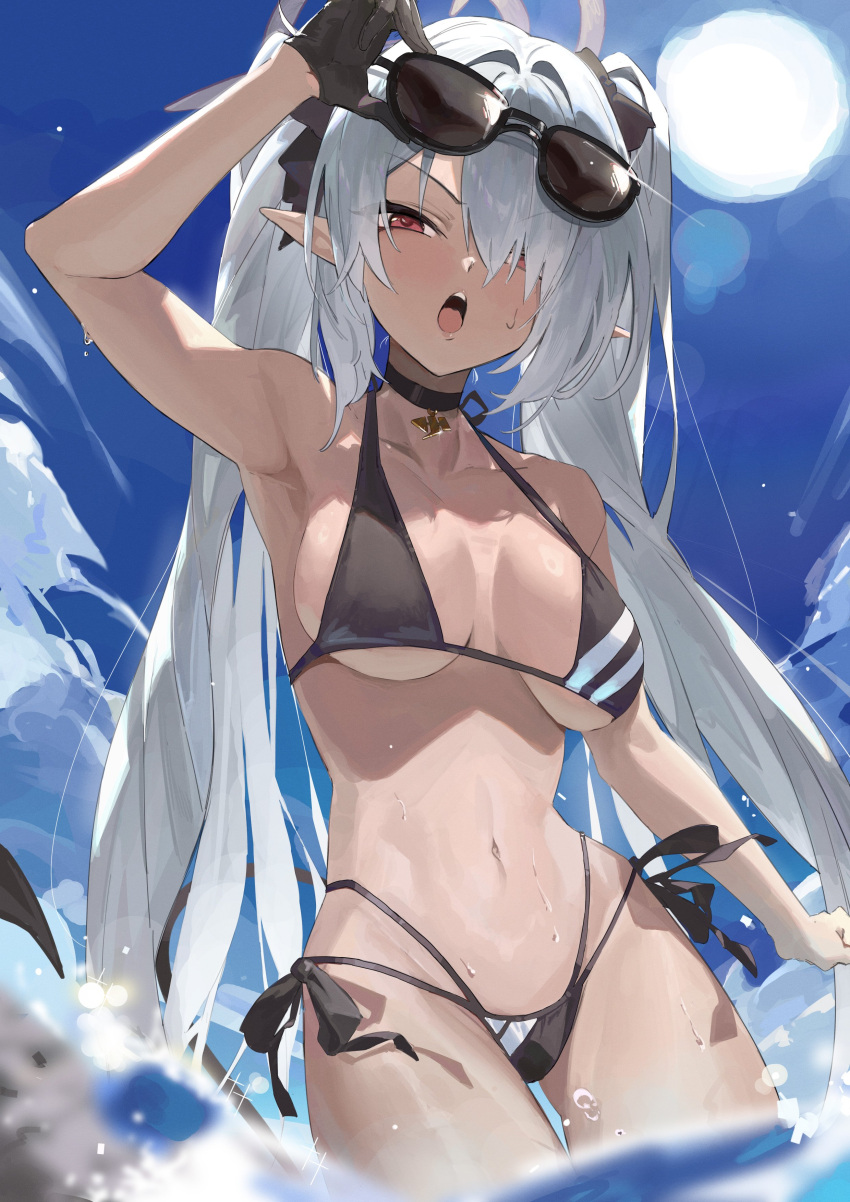 :o blue_archive cowboy_shot gehenna_academy_student gloves holding_sunglasses iori_(blue_archive) iori_(swimsuit)_(blue_archive) large_breasts one_glove partially_submerged prefect_team_(blue_archive) raised_eyebrows splashing sunglasses_on_forehead tinnies