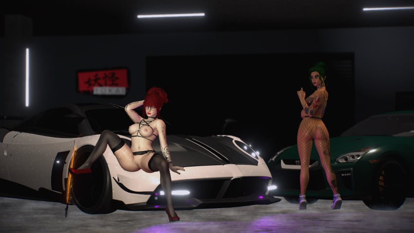 car fishnets grand_theft_auto_v green_eyes green_hair lingerie mary_mushkin mayumi_himura nissan nissan_gtr nopixel pagani pagani_huayra posing red_eyes red_hair tagme