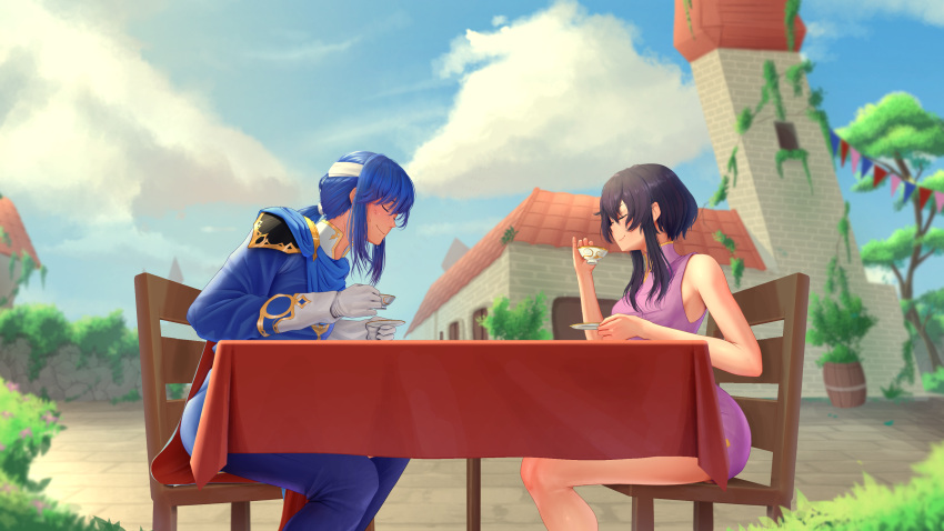 1boy 1girls absurdres assertive assertive_female bad_source bare_legs barefoot black_hair blue_hair cape closed_eyes commission cup dagudr daguyadraws drinking feet female fire_emblem fire_emblem:_genealogy_of_the_holy_war footjob footjob_under_table gloves highres holding holding_cup holding_saucer larcei_(fire_emblem) legs male nervous nervous_smile nervous_sweating nintendo outdoors penis plate ponytail public_indecency saucer seliph_(fire_emblem) sex smile stealth_footjob stealth_sex straight sweat tea teacup