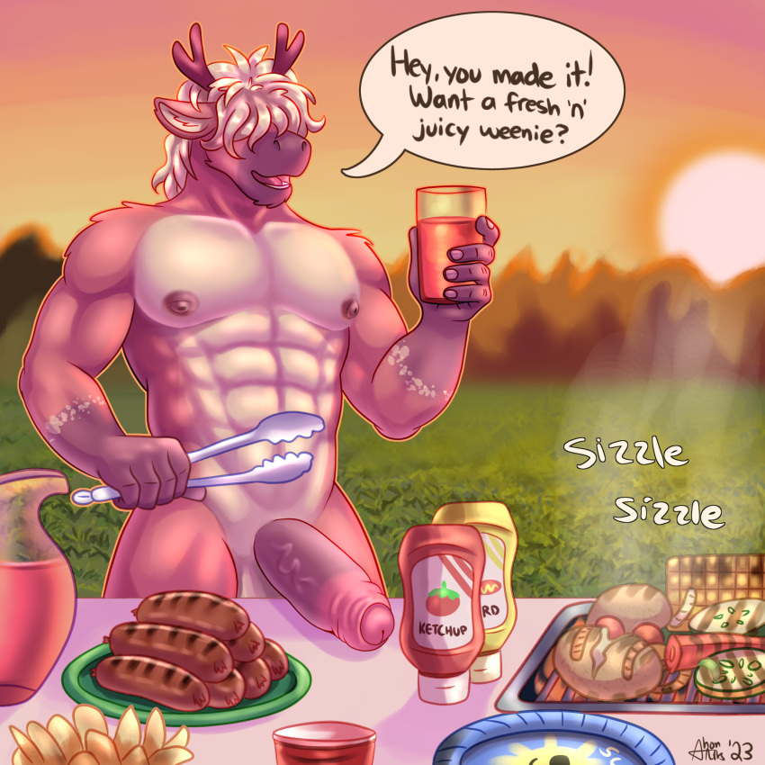 1:1 2023 abs anthro antlers artist_name balls barbecue biceps big_penis capreoline colored cooking_tongs deer dialogue digital_drawing_(artwork) digital_media_(artwork) english_text food foreskin fur genitals glans grass grill hair hair_over_eyes half-erect hi_res holding_object horn humanoid_genitalia humanoid_penis kitchen_utensils male mammal muscular muscular_anthro muscular_male nipples nude onomatopoeia open_mouth outside pecs penis picnic plant reindeer ryker_(shonarts) shaded shon_arts signature simple_background sky smile solo sound_effects speech_bubble standing teeth text tongs tongue tools vein veiny_penis