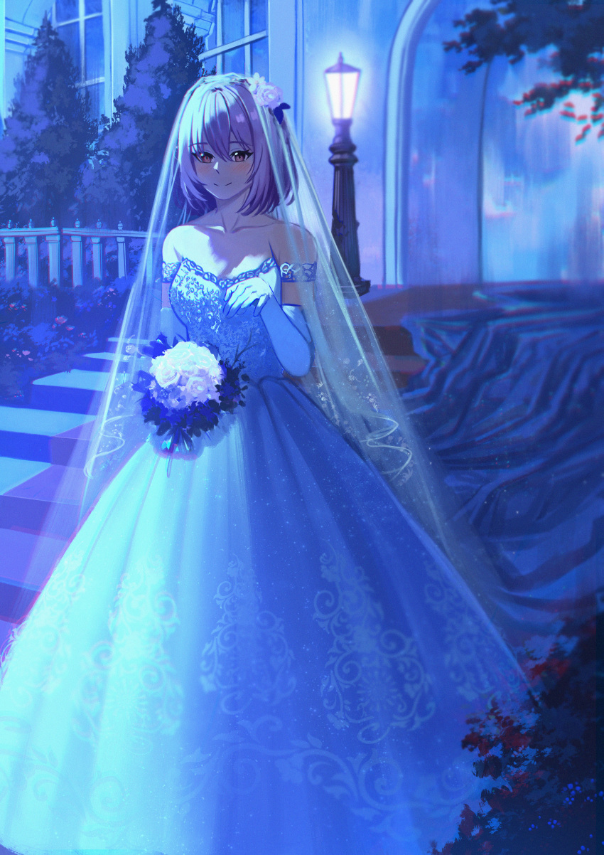 1girls bridal_gloves bridal_veil bride fault_milestone female pink_eyes purple_hair ritona_reighnvhasta solo veil wedding_dress wedding_veil white_dress white_gloves wholesome