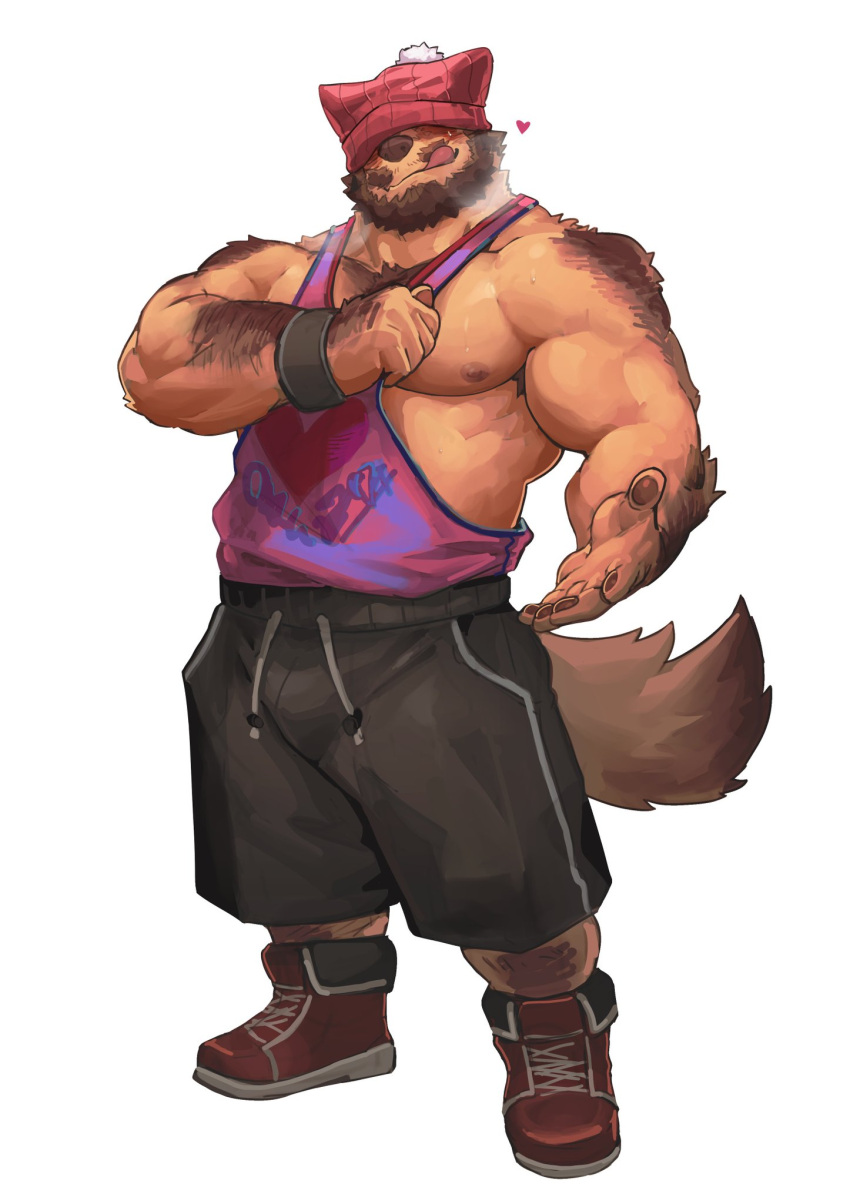 animal_ears bara beard beckoning beefy body_hair curtis_wuedti daddy exposing_chest facial_hair furry heart knit_cap male_only manly mr_knit_hat pecs shoulder_tuft steamy_breath tank_top tongue_out wuedti